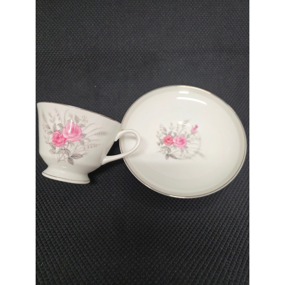 Vintage Norleans Japan Eventide Teacup and Saucer Set Pink Rose Silver Trim